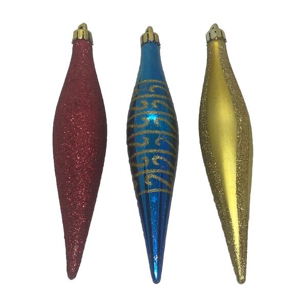 Unknown Other - Three Christmas Tree Ornaments Shatterproof Red Blue Gold Glitter Tear Drops